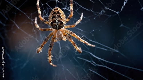 Macro close-up of a cross orb-weaver spider resting on its intricate web in a garden