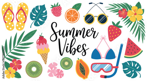 Cheerful Summer Vibe Vector Set with Tropical Fruits and Beach Accessories, Bright Vacation Elements Featuring Pineapple, Watermelon, Coconut, Sunglasses and Seashells, Colorful Flat Illustration for 