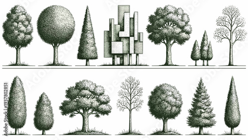 Detailed hand drawn vintage trees collection for architectural visualisations landscape design and graphic illustrations
