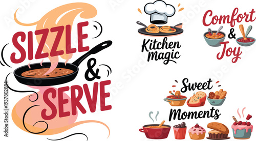 Food logo and branding illustrations with kitchen magic themes