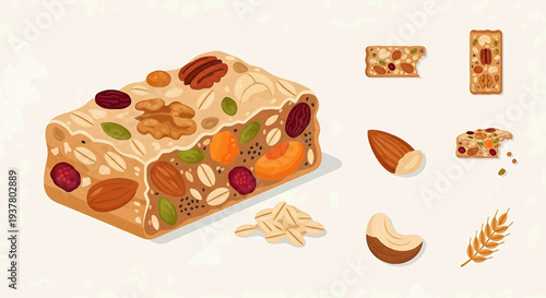 Delicious and nutritious granola bar illustration packed with crunchy nuts, dried fruits, and wholesome seeds, showcasing a healthy energy snack option with natural ingredients and a rustic appeal