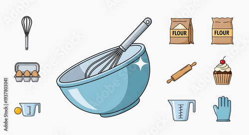 Collection of baking ingredients and tools, including a whisk in a bowl, eggs, flour bags, measuring cups, a rolling pin, cupcake, and gloves