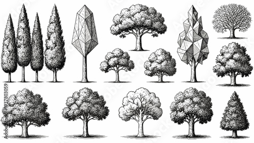 Set of various tree drawings in black and white sketch style, isolated on white background