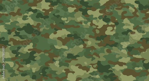 Seamless military camouflage pattern with a classic green, brown, and khaki woodland texture for background or textile design.