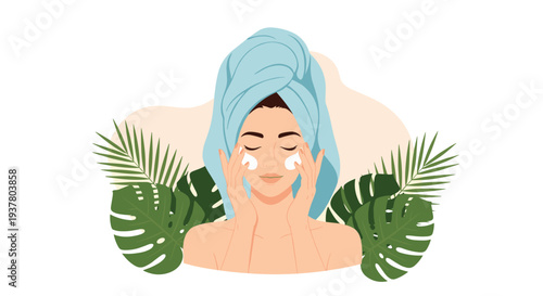 Beautiful woman with a towel on her head applying face cream as part of her daily skincare routine with tropical leaves behind her.