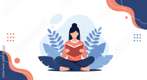Young woman sitting cross-legged in a calm, leafy setting, peacefully absorbed in reading a book for relaxation or study.