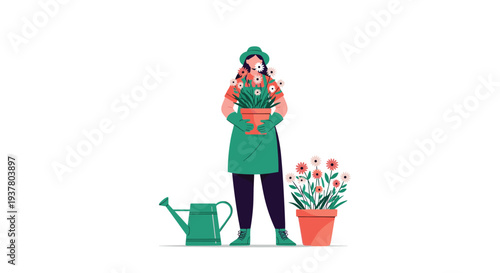 Female gardener wearing an apron, hat, and gloves, holding a pot of blooming flowers with a watering can nearby on the ground.