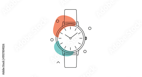 Minimalist line art icon of a classic analog wristwatch with a simple face and leather strap, on an abstract shape background.