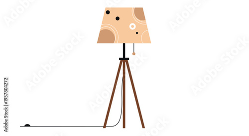 Stylish modern floor lamp with a wooden tripod base and a beige patterned lampshade, isolated on a white background.