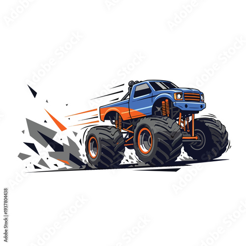 A blue and orange monster truck vector illustration with large tires and motion lines, presented on a white background. Perfect for automotive designs, vehicle graphics, and racing posters.