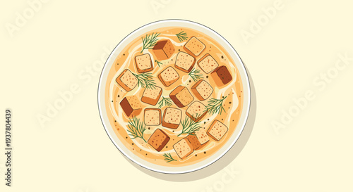 Top-down view of a delicious bowl of creamy soup topped with crunchy golden croutons and fresh dill for a comforting meal.