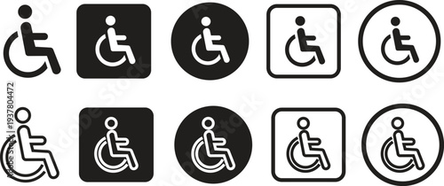 Wheelchair accessible black flat, outline icon set. Disabled person vectors in simple and recognizable designs for accessibility isolated on transparent background. Handicapped access sign or symbols.