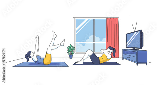 Women doing fitness exercises like crunches and leg raises on yoga mats in their living room, following a home workout routine.