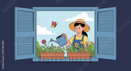 View through an open window of a young woman in a straw hat happily watering her colorful flowers in window boxes.