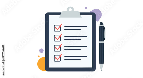 Clipboard with a checklist of completed tasks, marked with red checkmarks, next to a pen, symbolizing productivity and planning.