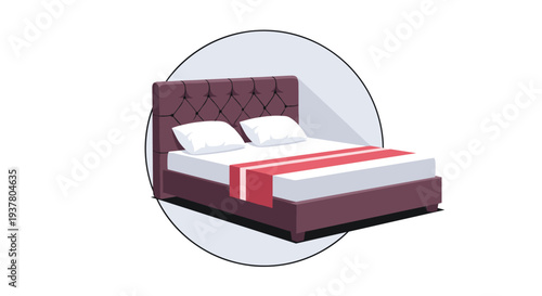 Modern double bed with a purple tufted headboard, white pillows, and a red runner, shown in a circular icon format.