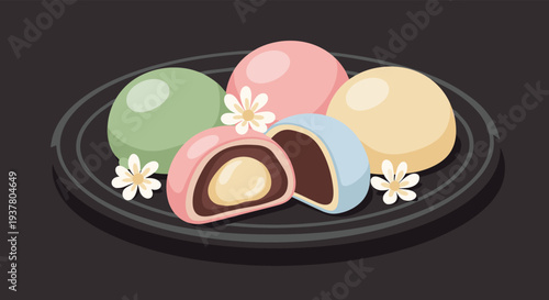 Plate of colorful Japanese mochi, a traditional sweet rice cake dessert, with some cut in half to show the filling.