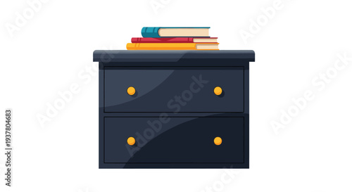 Dark blue two-drawer nightstand or bedside table with a stack of colorful books on top, isolated on a white background.