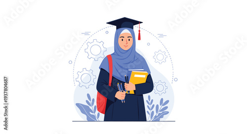 Young Muslim female student wearing a hijab and a graduation cap, holding books and ready for higher education or university.