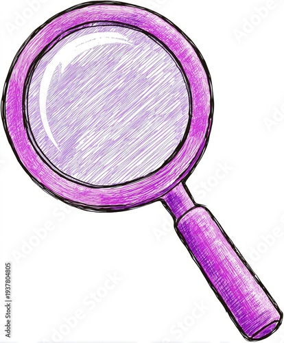A drawn illustration depicts a magnifying tool in shades of pink and purple, with a clear lens and a detailed handle