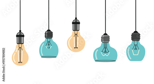 Collection of retro and modern hanging light bulbs in different shapes and colors, symbolizing ideas, innovation and creativity.