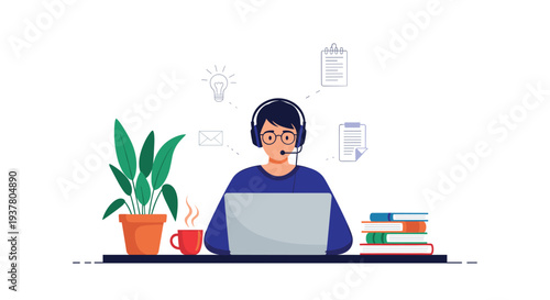 Male customer service representative or remote worker with a headset working on a laptop, surrounded by multitasking icons.