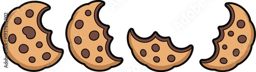 A cartoon illustration of broken chocolate chip cookies on a white background