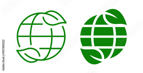 Eco globe with leaves icon in outline and solid filled vector styles. Representing environmental protection, sustainability, and green planet concept.
