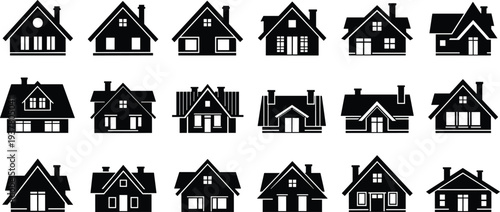 Set of Eighteen Black Silhouette Vector Icons Featuring Various House Designs for Real Estate Architecture Residential Building and Home Identity