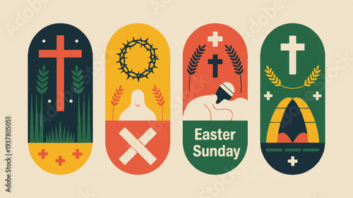 Easter sunday icons with crosses symbols and religious motifs on colorful backgrounds