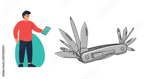 Concept of versatility and multitasking with a man holding a tablet next to a large, open multi-tool pocket knife icon.