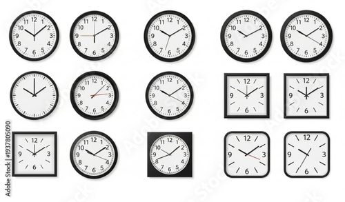 Black and White Wall Clock Set Realistic Vector Collection for Time Management and Work Organization Isolated on White