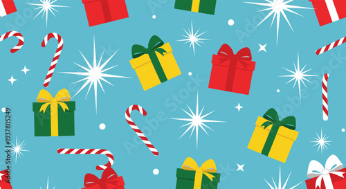 Festive seamless Christmas pattern on a blue background with colorful gift boxes, candy canes, and sparkling white stars.