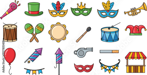 Carnival Party Icon Set Featuring Masks, Drums, Maracas, Trumpet, Confetti, Balloons, and Festive DecorationsCarnival Party Icon Set Featuring Masks, Drums, Maracas, Trumpet, Confetti, Balloons, a