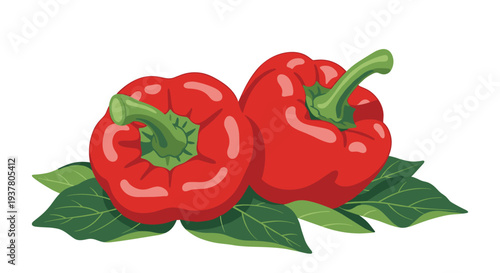 Illustration of two fresh, ripe red bell peppers with green stems, resting on a bed of green leaves, isolated vector.