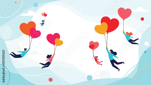 Whimsical illustration of diverse people floating through the clouds using large heart shaped balloons for a concept of love and freedom in the sky.