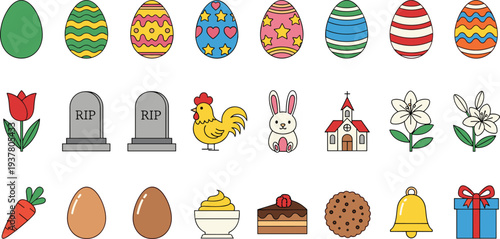 Easter Celebration Icon Set Featuring Easter Eggs, Bunny, Chicken, Flowers, Cake, and Holiday SymbolsEaster Celebration Icon Set Featuring Easter Eggs, Bunny, Chicken, Flowers, 
