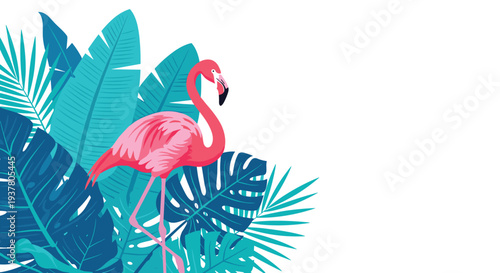 Graceful pink flamingo standing among vibrant blue and teal tropical leaves like monstera and palm on a white background.