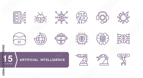 Set Vector Line Icons of Artificial Intelligence. Machine learning outline pictograms. Machine learning icons set.