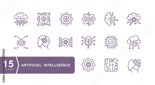 Set Vector Line Icons of Artificial Intelligence. Machine learning outline pictograms. Machine learning icons set.