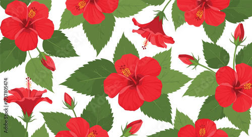 Beautiful seamless floral pattern with vibrant red hibiscus flowers and green leaves on a clean white background illustration.