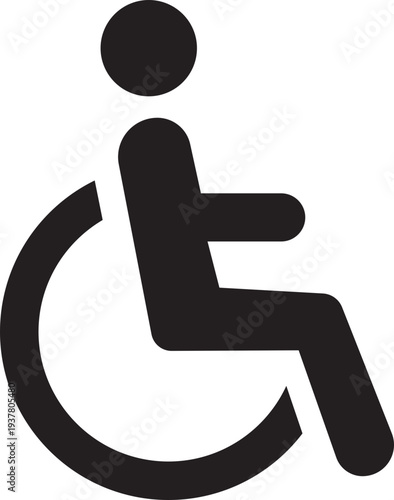 Wheelchair accessible black flat icon. Disabled person vector illustration in simple and recognizable design for accessibility isolated on transparent background. Handicapped access sign or symbol.