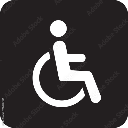 Wheelchair accessible black flat icon. Disabled person vector illustration in simple and recognizable design for accessibility isolated on transparent background. Handicapped access sign or symbol.