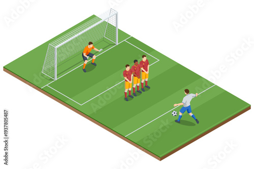 Isometric football free kick with defensive wall and goalkeeper on stadium field. Soccer tactic moment concept. Championship competition, teamwork, training and professional stadium sport event.
