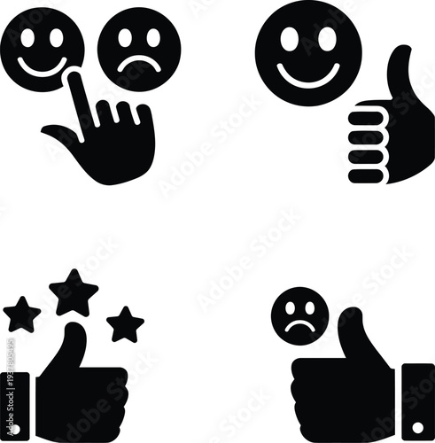 Collection of thumbs up and emoticon icons symbolizing approval and feedback on a clean white background for user interface design