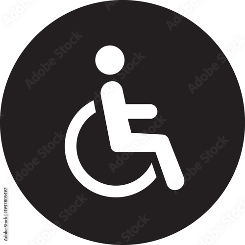 Wheelchair accessible black flat icon. Disabled person vector illustration in simple and recognizable design for accessibility isolated on transparent background. Handicapped access sign or symbol.
