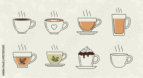 Collection of various coffee cups and mugs with different designs and contents displayed on a neutral background from a straightforward viewpoint