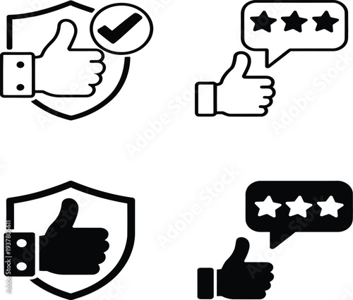 Collection of thumbs up and rating icons symbolizing approval and positive feedback in various design styles