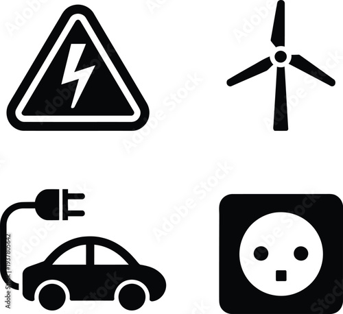 Electric car charging symbol with renewable energy source icons representing sustainable transportation and eco friendly technology together