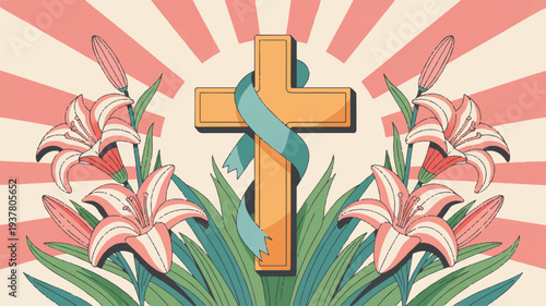 Easter cross with pink lilies and green leaves on a sunny background with rays